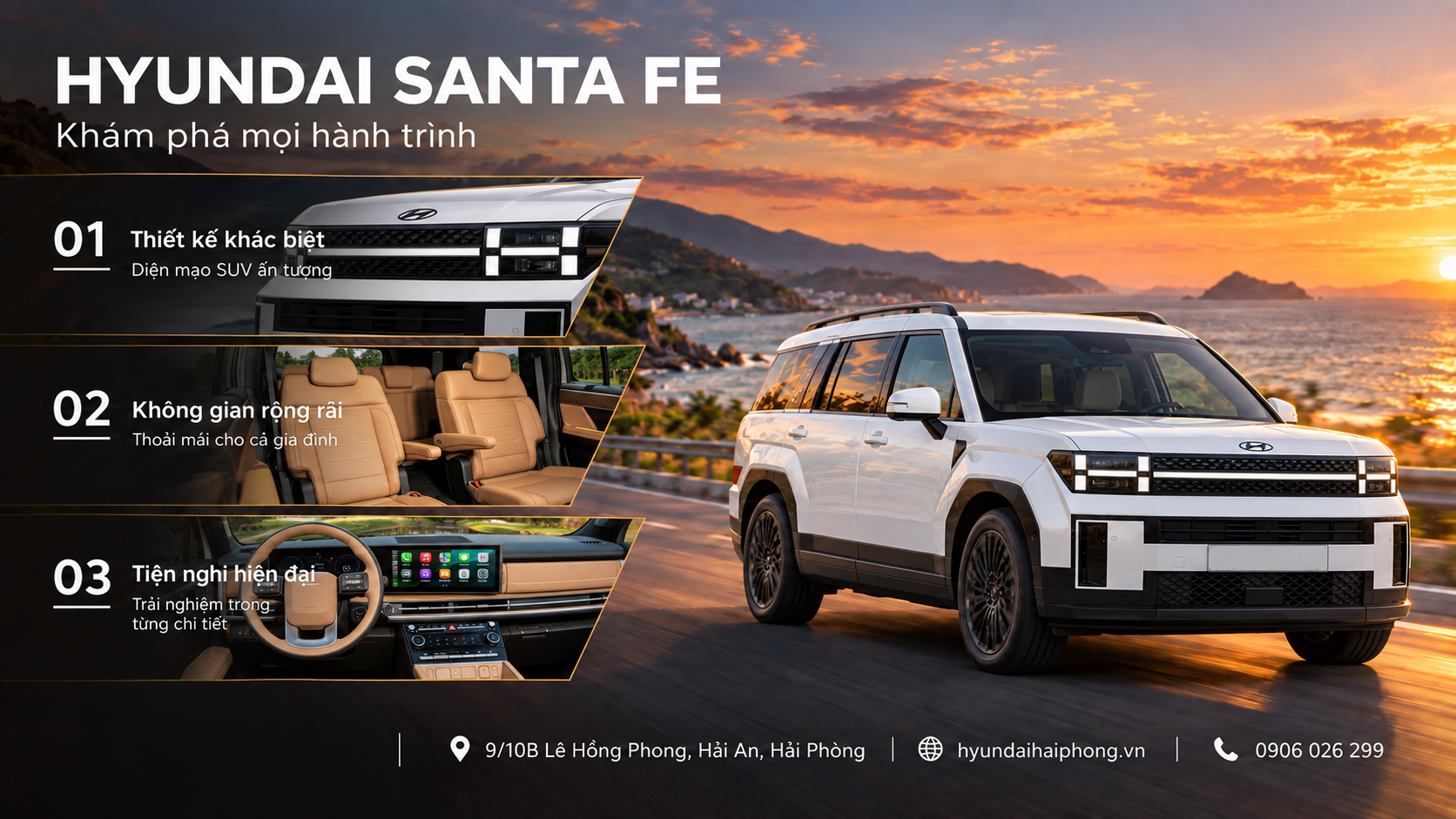 Khám phá Hyundai Santa Fe tại Hải Phòng với thiết kế SUV ấn tượng, không gian rộng rãi và khoang lái hiện đại. Liên hệ Hyundai Hải Phòng để xem xe, nhận báo giá.
